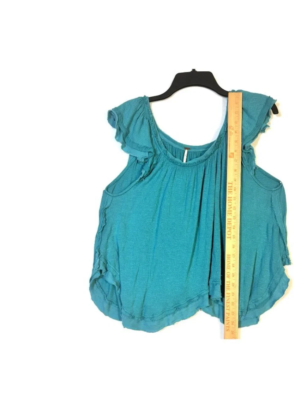Free People Teal Aqua Blue Top Flutter Sleeve Gauze Frayed Ruffle Distressed XS